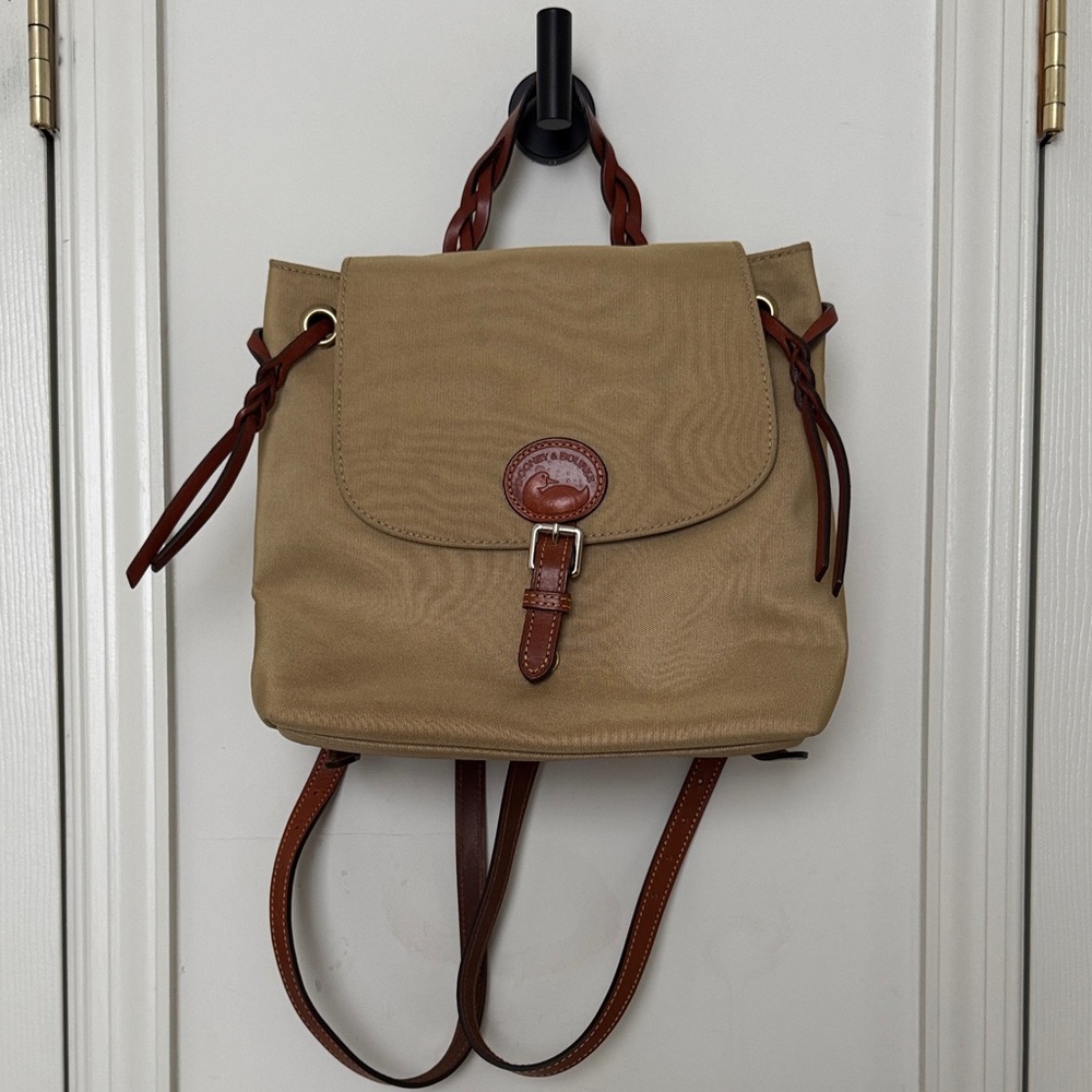 Dooney & Bourke Khaki Nylon Canvas Backpack with Leather Trim - Picture 11 of 12